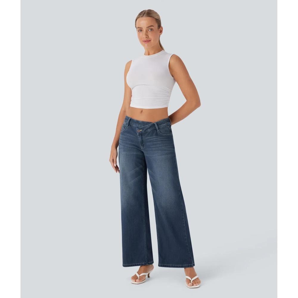 Halara Flex Asymmetric Low Rise Baggy Wide Leg Washed Casual Jeans Large Reg